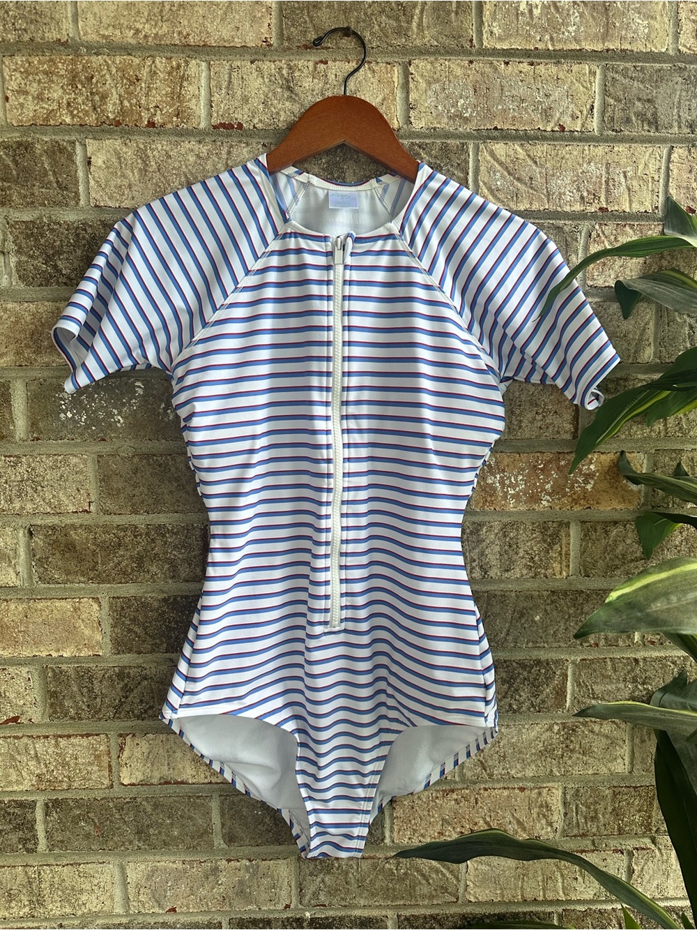 Kona Sol Blue and White Striped Short-Sleeve Front-Zip One-Piece Swim Rash guard